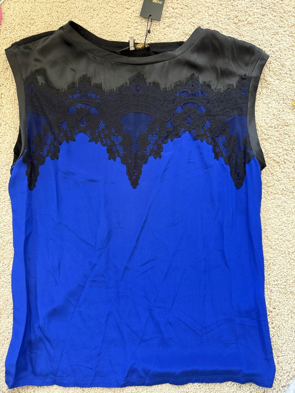 Maje Blue and Black Lace Cap-Sleeve Top! New with tags size 1 (small)